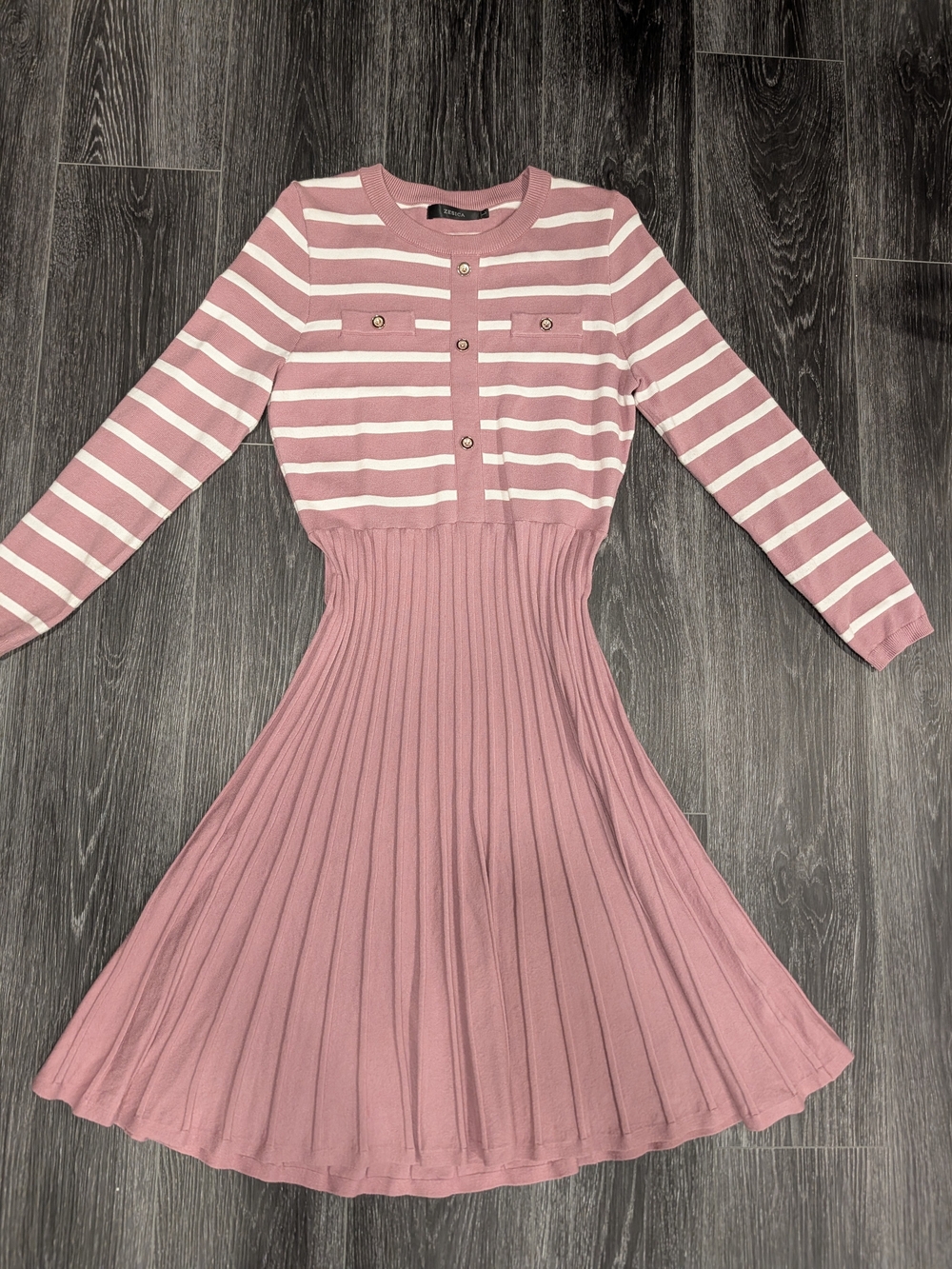 Striped Pink Long-Sleeve Knit Fit & Flare Dress